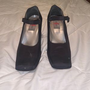 TESS Square Toed Black Vinyl Velcro Strap Mary Jane Style Heels